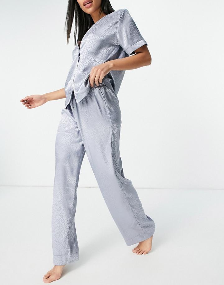 Asos Design Mix & Match Satin Animal Jacquard Trouser In Blue-blues