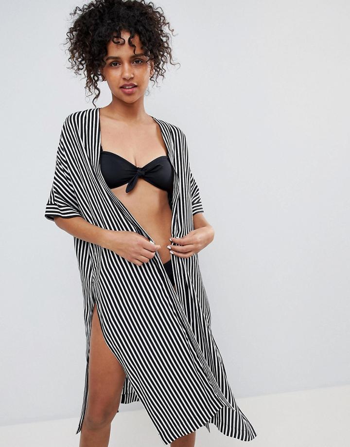 Monki Stripe Beach Caftan In White Base Stripe - Multi