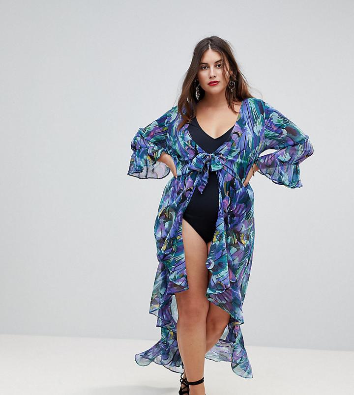 Asos Curve Peacock Print Tie Front Beach Kimono - Multi