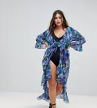 Asos Curve Peacock Print Tie Front Beach Kimono - Multi