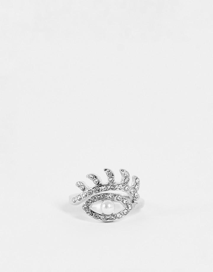 Designb London Evil Eye Wrap Ring In Silver Pave