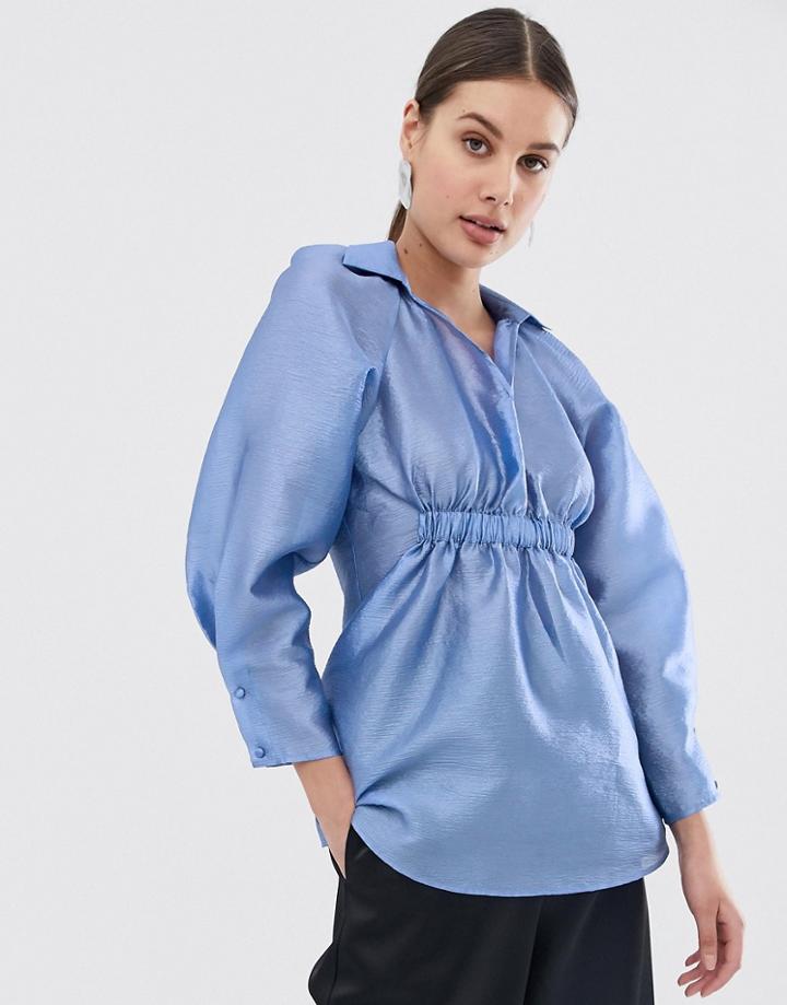Asos White Textured Gathered Neck Top-blue