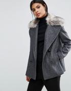 Sisley Double Breasted Coat With Detachable Faux Fur Collar - Gray