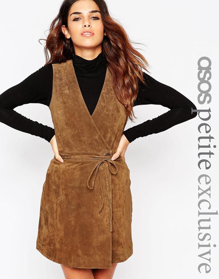 Asos Petite Wrap Front Dress In Suede - Brown