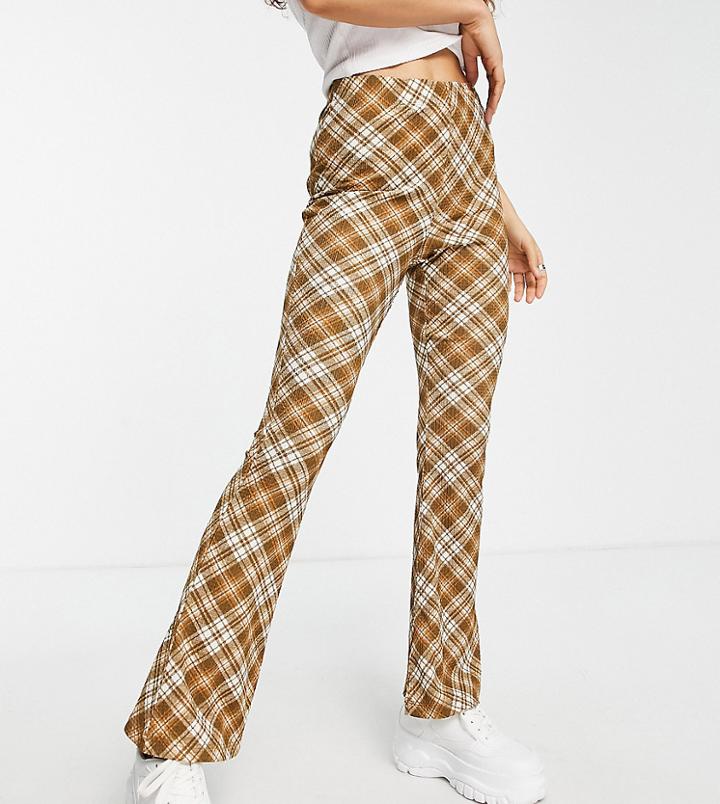 Topshop Petite Crinkle Flared Pants In Brown Check Print-multi