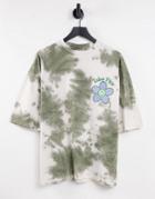 Asos Design Oversized T-shirt In Khaki Tie Dye With Floral Chest Embroidery-multi