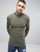 Asos Long Sleeve Muscle Polo In Jersey With Button Down Collar In Green - Green