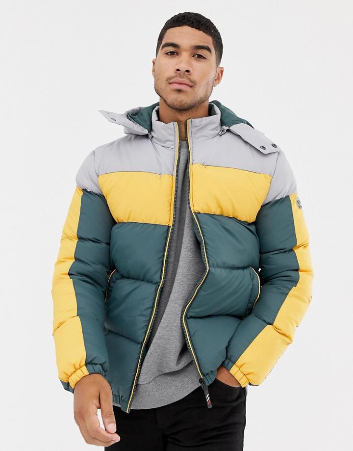 Soul Star Color Block Puffer Jacket With Hood - Gray