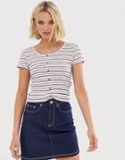 Pieces Stripe Round Neck Button Through T-shirt - Multi