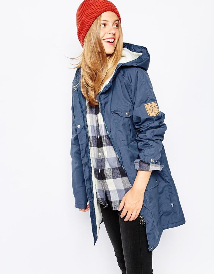 Fjallraven Hooded Parka Coat With Fleece Lining - Blue