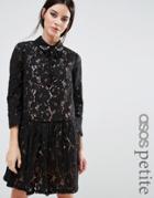 Asos Petite Premium Smock Dress With Embellished Collar In Lace - Blac