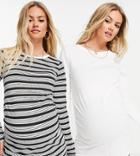 River Island Maternity 2 Pack Long Sleeved T-shirts In Stripe And White-multi