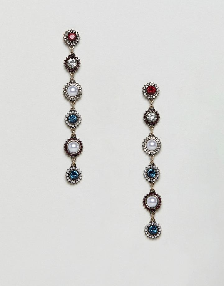 Asos Design Strand Earrings With Colored Jewel And Pearl In Gold - Gold