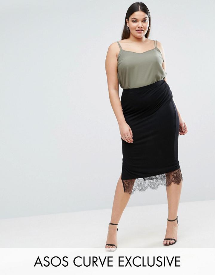 Asos Curve Midi Pencil Skirt With Lace Hem - Black