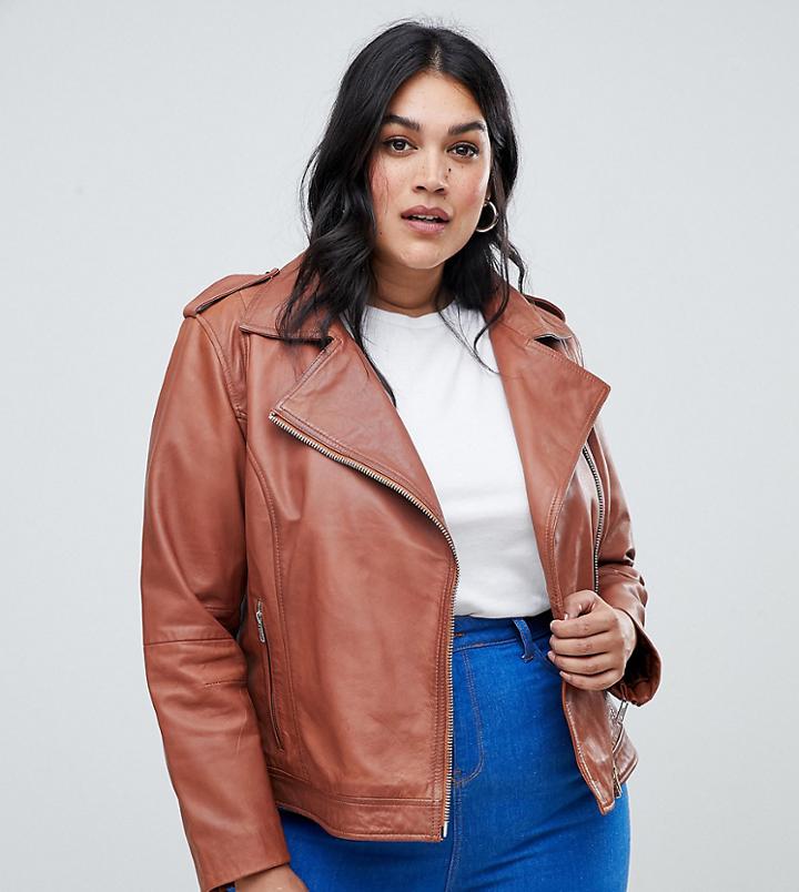 Barney's Originals Plus Leather Biker Jacket-tan
