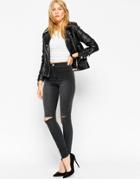 Asos Rivington High Waist Denim Jeggings In Severn Charcoal With Displaced Knee Rips - Severn Charcoal