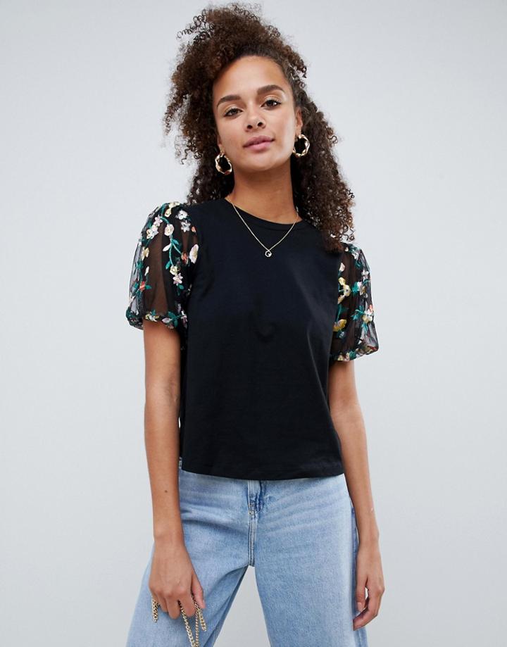 Asos Design Top With Mesh Embroidered Puff Sleeve - Black