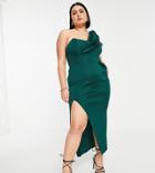 Asos Design Curve One Shoulder Seamed Bust Midi Dress With High Leg Slit In Forest Green-multi