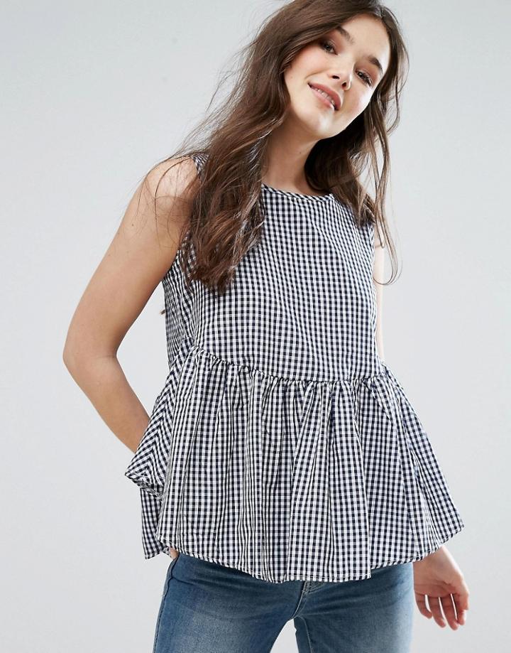 Qed London Gingham Peplum Top - Navy