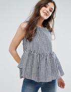 Qed London Gingham Peplum Top - Navy