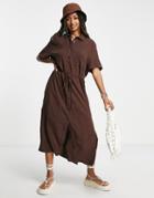 Weekday Linen Mix Shirt Dress In Dark Brown