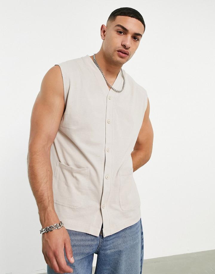 Asos Design Relaxed Button Up Tank Top With Pocket Detail In Light Gray