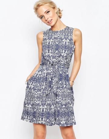Closet Blu Tie Front Dress In Tile Print