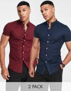 Asos Design 2-pack Skinny Shirts With Grandad Collar In Navy/burgundy-multi