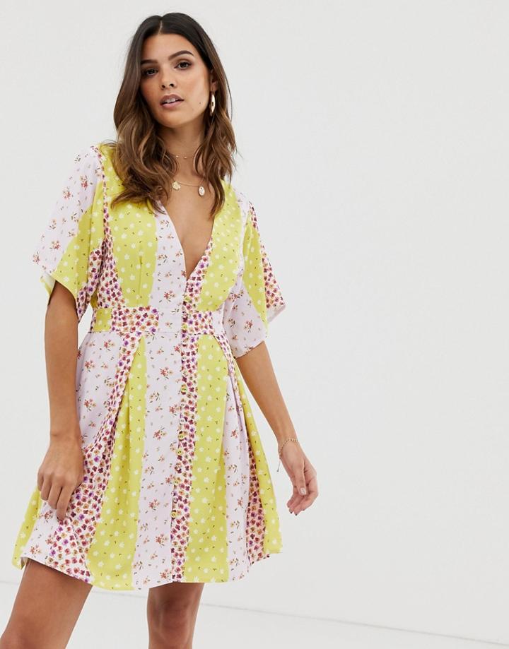 Skylar Rose Tea Dress In Contrast Floral Print With Open Back - Purple