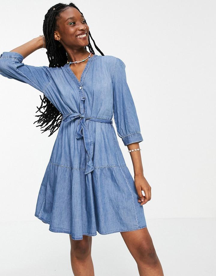 Jdy Denim Shirt Dress With Tie Waist In Medium Blue-blues