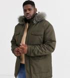 Asos Design Plus Hooded Parka Jacket With Detachable Faux Fur Trim In Khaki-green