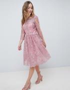 Chi Chi London Premium Embroidered Long Sleeve Midi Dress-pink