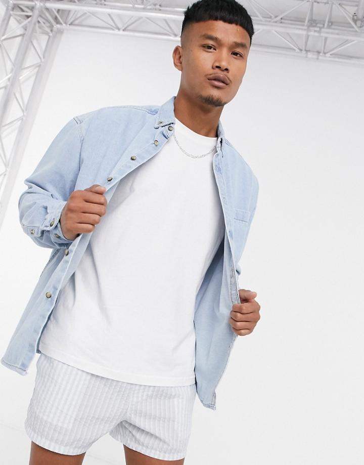 Asos Design 90s Oversized Denim Shirt In Bleach Wash-blues