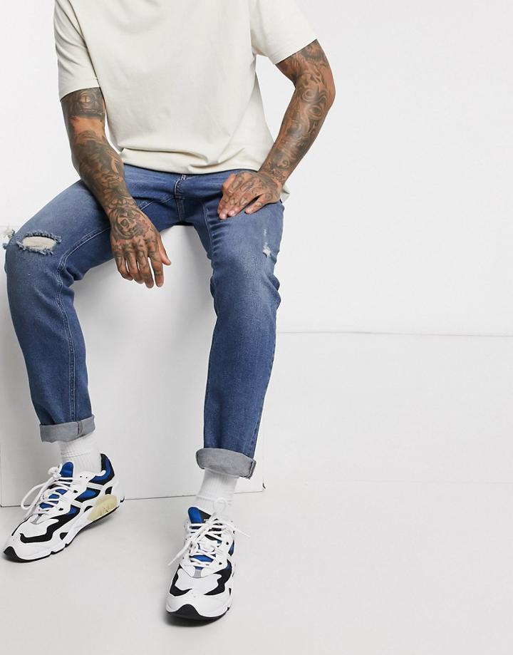 Asos Design Stretch Slim Jeans In Blue With Knee Rips-blues