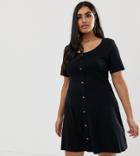 Asos Design Curve Short Sleeve Ribbed Button Through Tea Dress - Black