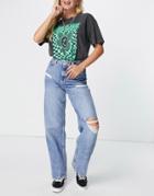 New Look Ripped Long Straight Leg Jeans In Mid Blue-blues