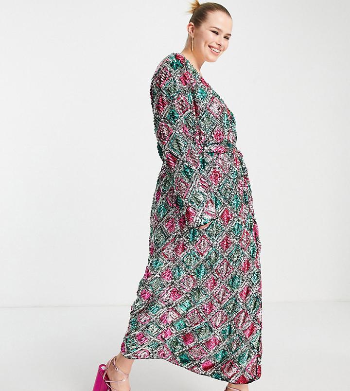 Asos Edition Curve Diamond Belted Wrap Midi Dress In Sequin-multi