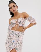 Asos Design Premium Bardot Beach Crop Top With Puff Sleeves & Lace Up In Floral Broderie Two-piece - Multi
