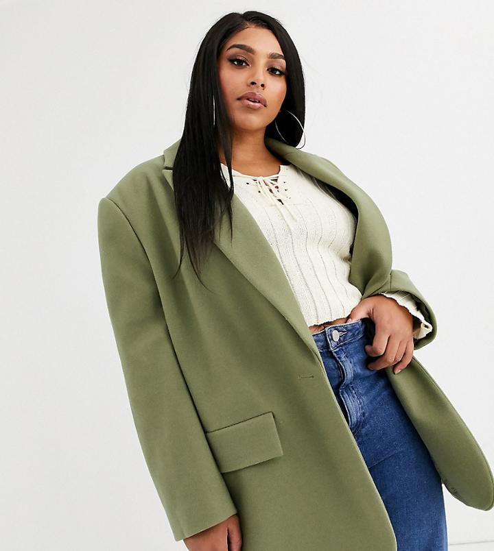 Asos Design Curve Grandad Coat In Sage-beige