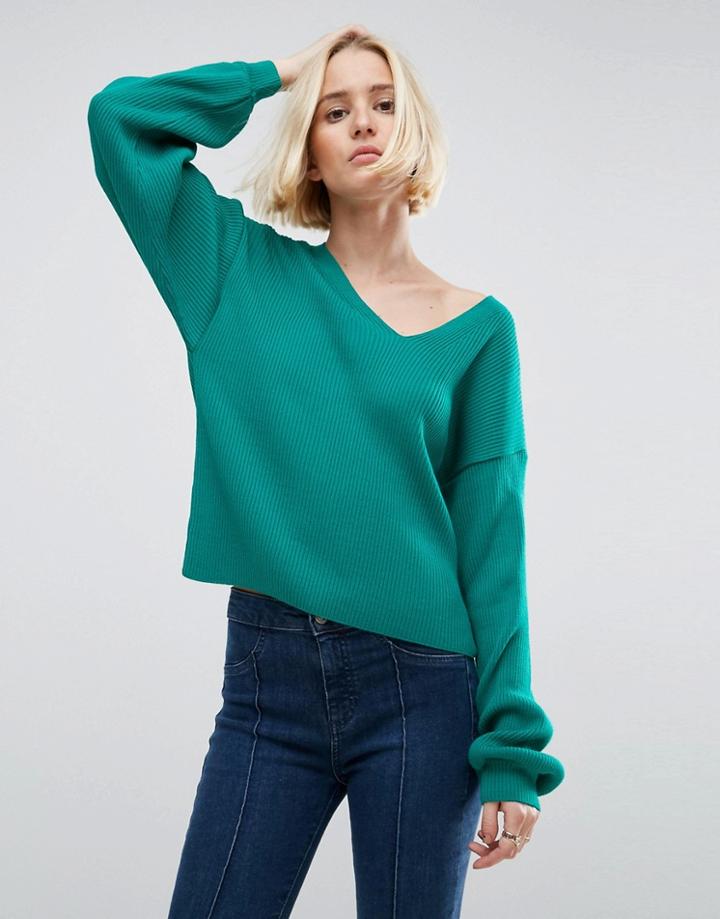 Asos V Neck Sweater With Balloon Sleeves - Green