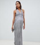 Tfnc Maternity Sequin Maxi Dress With Open Back In Silver - Silver