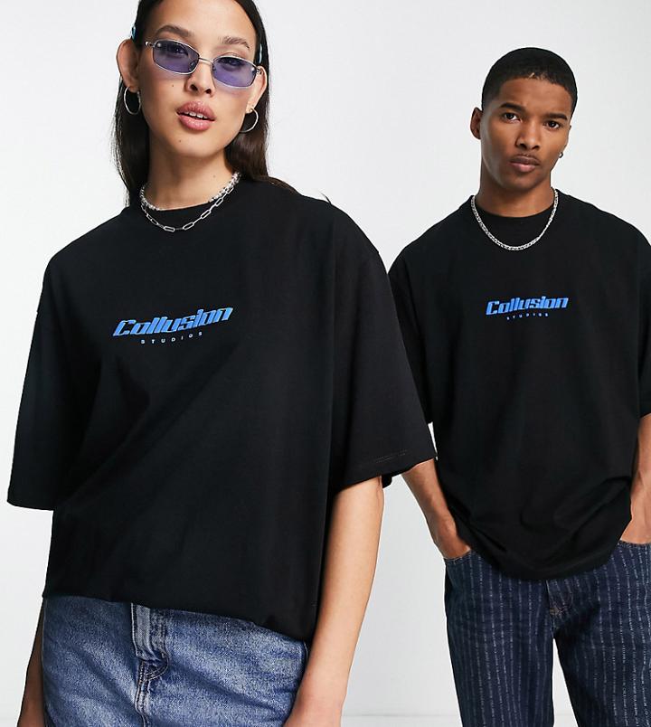 Collusion Unisex T-shirt With Logo Print In Black-white
