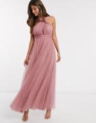 Asos Design Halter Cross Over Front Tulle Maxi Dress In Rose-pink
