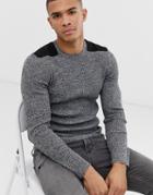 Asos Design Muscle Fit Ribbed Sweater With Patches In Black & White Twist - Gray