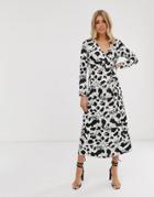 Asos Design Wrap Maxi Dress In Mono Splodge Print-multi