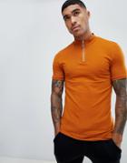 Asos Design Muscle Fit T-shirt With Zip Turtleneck In Brown - Brown