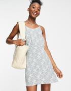 En Cr Me Cami Mini Dress With Waist Detail In Blue Mix Print-white