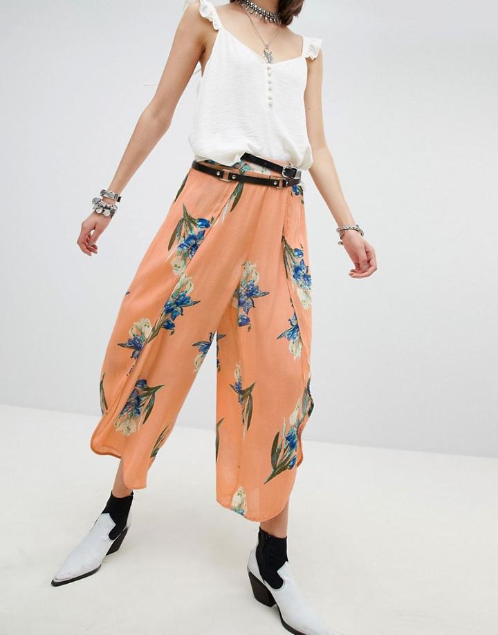 En Creme Wrap Front Wide Leg Pants In Romantic Floral Two-piece - Orange