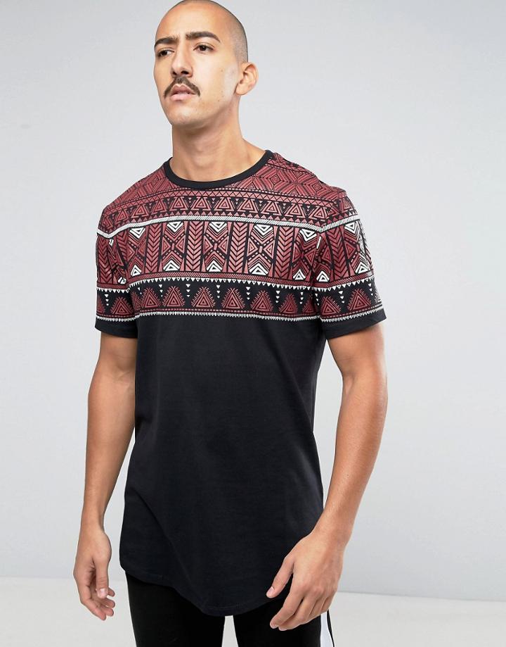 Asos Super Longline T-shirt With Colored Yoke Geo-tribal Print And Cur