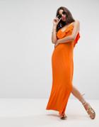 Asos Maxi Dress With Asymmetric Frill Detail - Orange